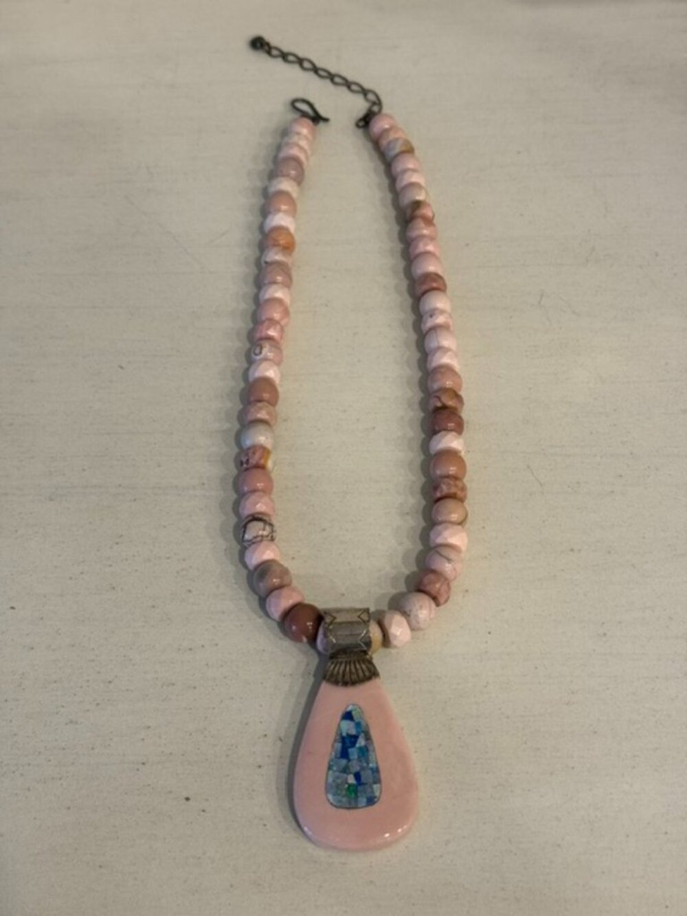 Sterling Silver Pink Opal and Blue Opal mosaic pendant beaded necklace